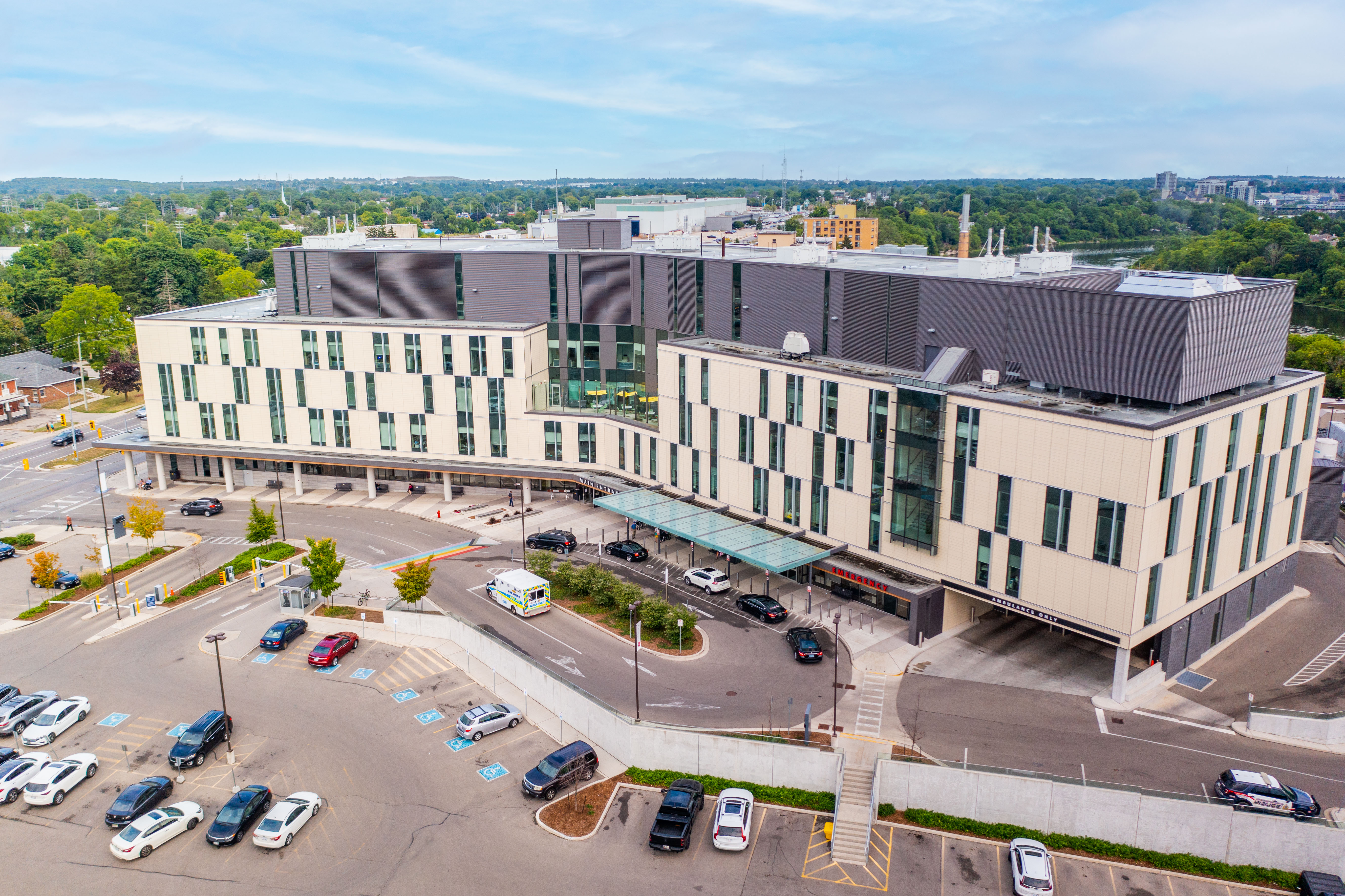 drone shot of the new wing a of Cambridge Memorial Hospital
