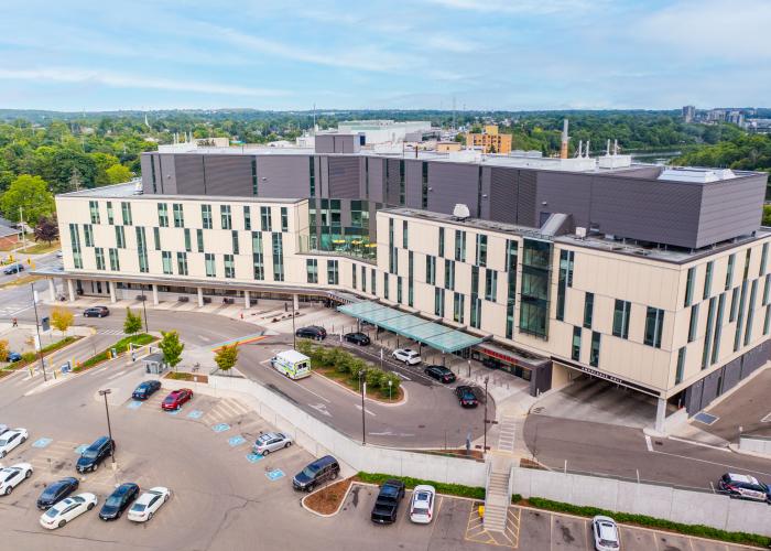 drone shot of the new wing a of Cambridge Memorial Hospital