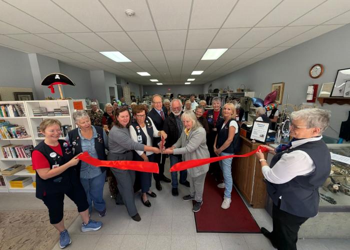 volunteers, cmh and cmhf leaders and community gather to cut the ribbon for the rebranded Upcycle Thrift
