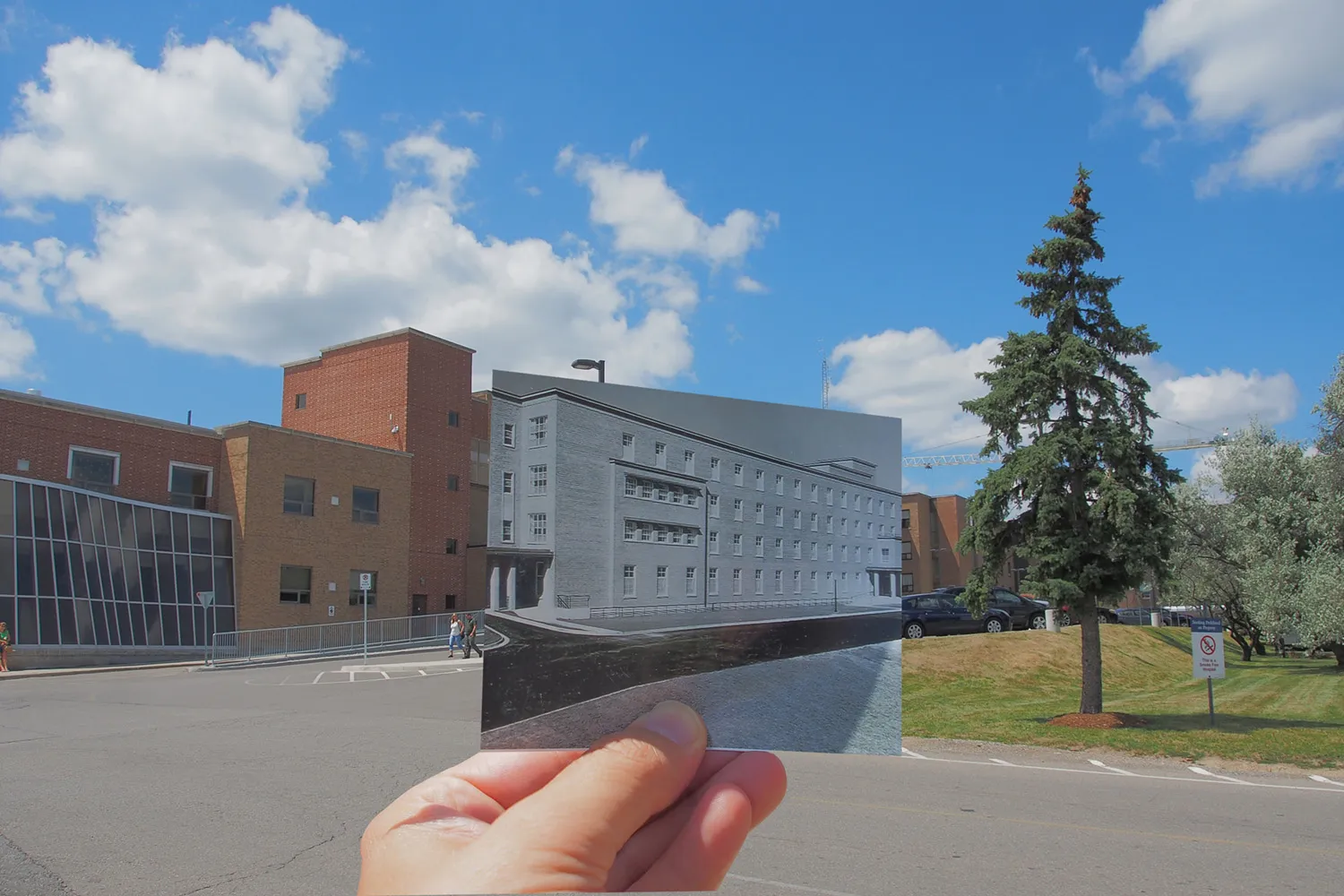 superimposed photo on another of the hospital